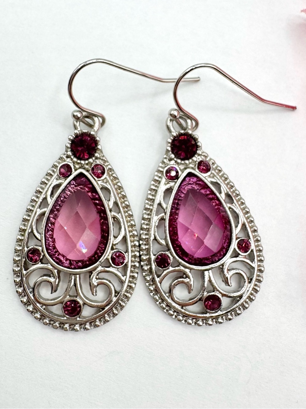 1928 Teardrop Pink Rhinestone Dangle Earrings Scrolling Openwork Romantic Pretty